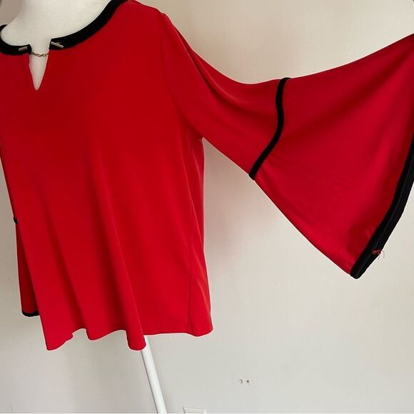 Calvin Klein Burnt Orange Notched Collar 3/4 Bell Sleeves Gold Hardware Top Sz L - Picture 3 of 7